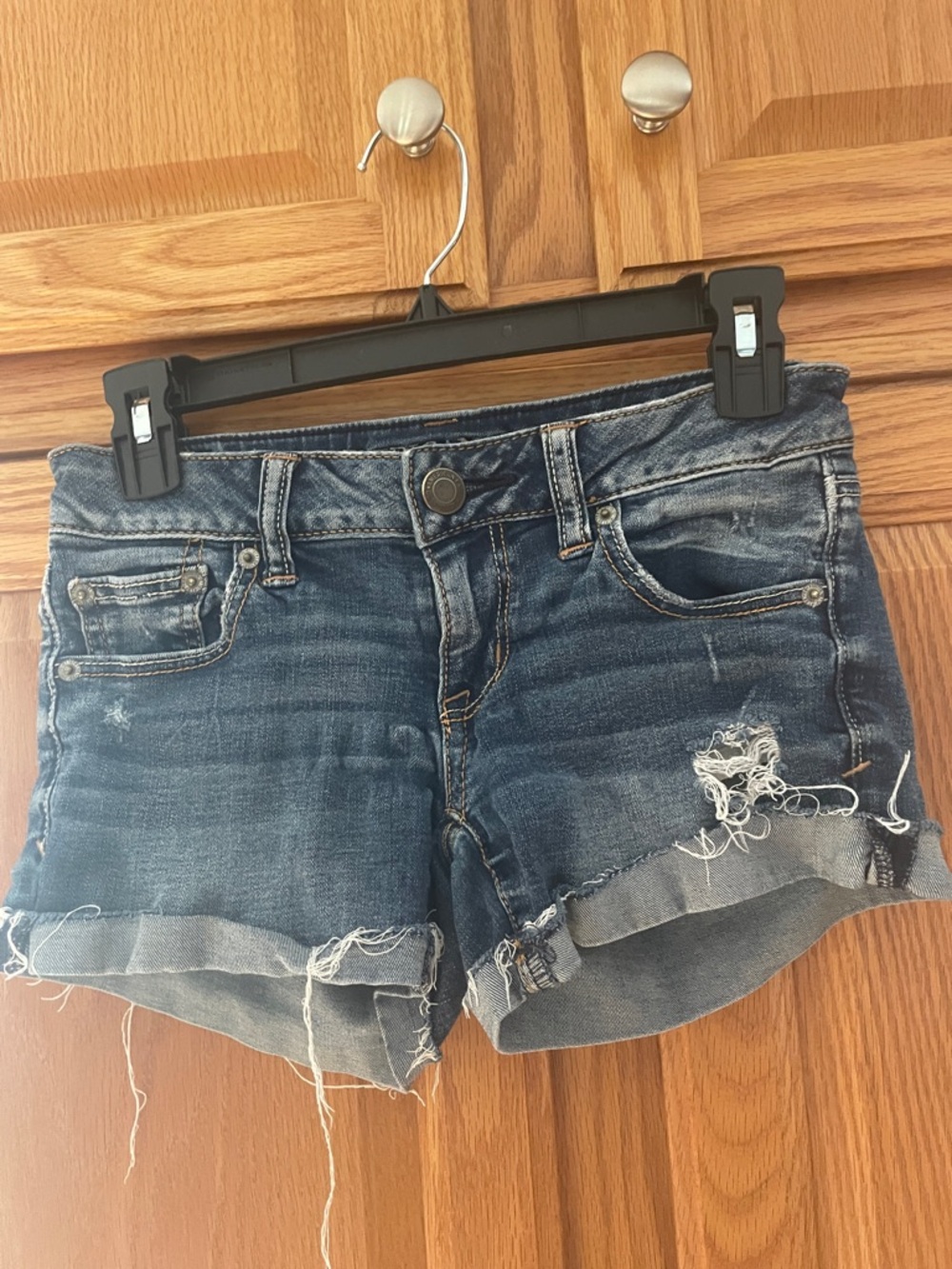 American Eagle Outfitters Distressed Dark Blue Denim Cuffed Shorts